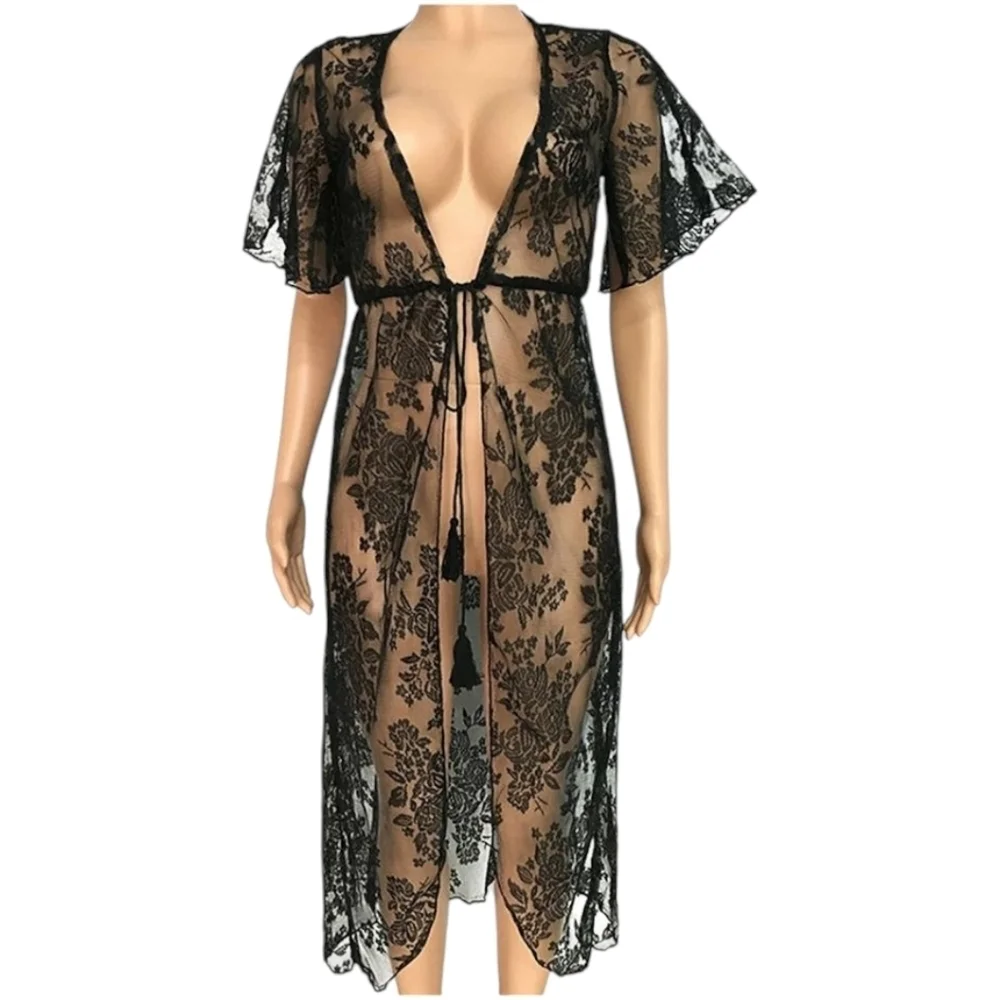 Lace Cardigan Floral Sheer Swim Cover Ups Long Open Kimono